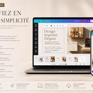 Puede incluir: Un port&aacute;til y un smartphone muestran una interfaz de dise&ntilde;o con el texto "Design Imprim&eacute; &Eacute;l&eacute;gant". La pantalla del port&aacute;til muestra un dise&ntilde;o con maquetas de productos. El smartphone muestra un dise&ntilde;o de identidad de marca. La imagen promueve la f&aacute;cil modificaci&oacute;n.