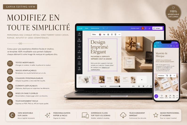 Puede incluir: Un port&aacute;til y un smartphone muestran una interfaz de dise&ntilde;o con el texto "Design Imprim&eacute; &Eacute;l&eacute;gant". La pantalla del port&aacute;til muestra un dise&ntilde;o con maquetas de productos. El smartphone muestra un dise&ntilde;o de identidad de marca. La imagen promueve la f&aacute;cil modificaci&oacute;n.