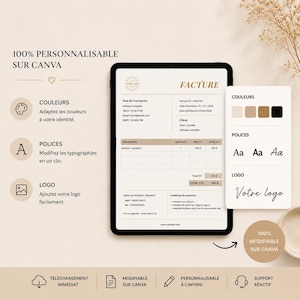 May include: A digital invoice template displayed on a tablet, featuring a clean, modern design with a neutral color palette. The interface includes sections for company details, client information, and itemized billing. Additional design elements include color and font customization options.