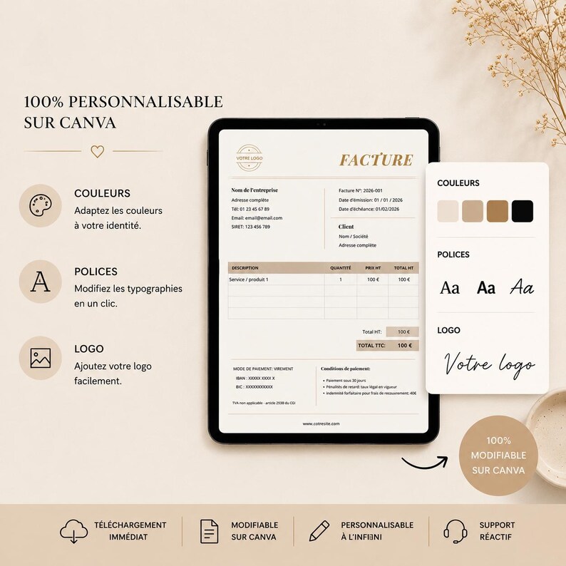 May include: A digital invoice template displayed on a tablet, featuring a clean, modern design with a neutral color palette. The interface includes sections for company details, client information, and itemized billing. Additional design elements include color and font customization options.