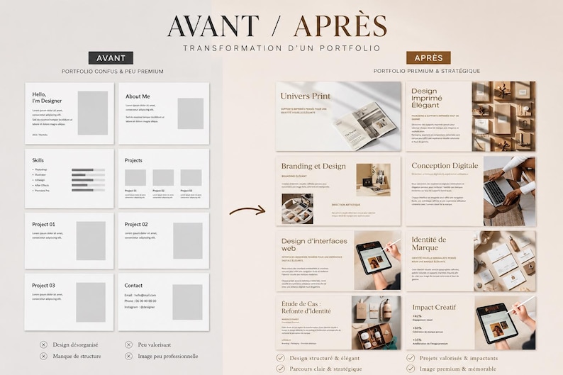 Puede incluir: Una comparaci&oacute;n del antes y el despu&eacute;s de un dise&ntilde;o de portafolio. La secci&oacute;n "Avant" muestra un dise&ntilde;o desorganizado, mientras que la secci&oacute;n "Apr&egrave;s" muestra un dise&ntilde;o premium y estrat&eacute;gico con una mejor imagen de marca y elementos de dise&ntilde;o digital.