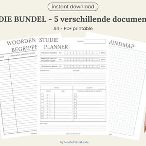 Può includere: Una raccolta di documenti di studio stampabili, tra cui un pianificatore, una mappa mentale e fogli di vocabolario. I documenti sono in bianco e nero, con una penna rosa appoggiata sul lato. Il testo recita "STUDIE BUNDEL - 5 verschillende documenten" e "A4 - PDF printable."