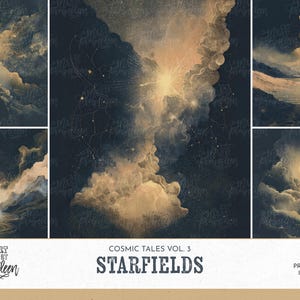 May include: A collection of digital art prints featuring celestial and cosmic themes. The images showcase nebulas, stars, and cloud formations in shades of gold, beige, and navy blue. The text "Cosmic Tales Vol. 3 Starfields" is visible.