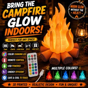 May include: A 3D printed campfire lamp featuring a realistic log base and flame-shaped top that emits a warm glow. The lamp includes a remote control for color-changing LED settings and is USB powered, offering multiple color options for lighting.
