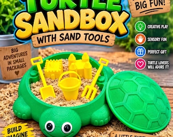 May include: A green turtle-shaped sandbox filled with sand, featuring a matching green shell lid and yellow plastic tools including a shovel, rake, and bucket. The image includes text reading Turtle Sandbox with Sand Tools, Small Sandbox Big Fun, Big Adventures in Small Packages, and Build Imagine Explore.