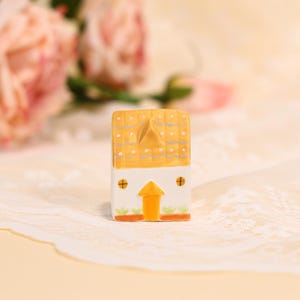 Sunny Yellow Roof Miniature House Figurine Minimalist White Pottery Tiny Home Modern Hand Painted Foliage Unique Cottage Nordic Decor Gift