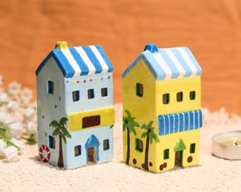Coastal Blue Yellow Striped Ceramic House Set Whimsical Mediterranean Village Figurines Handmade Pottery Miniature Cottages Beach Home Decor