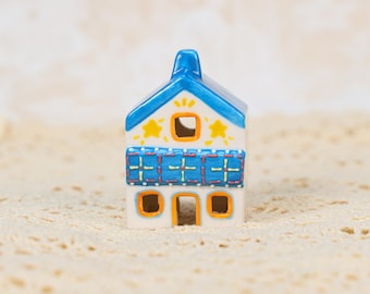 Blue Handmade Ceramic House Figurines Pottery Ornament Perfect for Fairy Gift Tiny Sculpture Village Decor Unique Hand-painted Cottage Piece