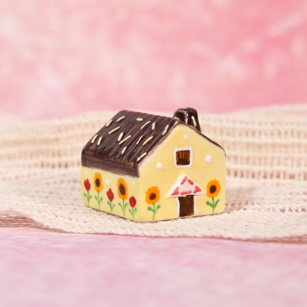 Cocoa Brown Polka Dot Roof Miniature House Sunflower Garden Figurine HandPainted Icing Style Pottery TinyHome Rustic Autumn Manor Decor Gift