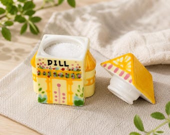 Yellow Roof Dill Cottage Spice Jar Handmade Ceramic House Canister Mini Kitchen Storage Pot Whimsical Floral Folk Art Decor Gift