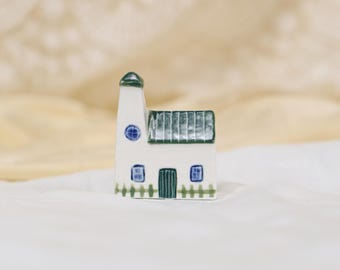 Miniature Ceramic Green&White Striped House Figurine Handpainted Collectible Desk Decor Housewarming Gift Unique House Sculpture House Decor