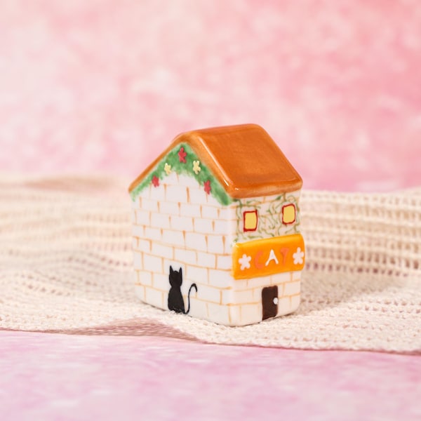 Playful Black Cat Miniature House Orange Tile Roof Figurine Hand Painted Textured Brick Tiny Home Whimsical Ceramic Cottage Pet Lover Decor