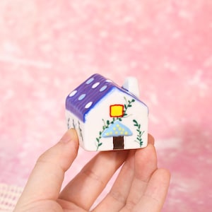 Deep Blue Roof Miniature House Hand Painted Ivy Vine Figurine White Pottery Tiny Home Mediterranean Manor Decor Whimsical Porcelain Gift