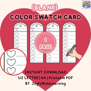 Puede incluir: Una tarjeta de muestra de color imprimible con un diseño en forma de corazón. La tarjeta incluye espacios para muestras de color, etiquetados como "Marca" y "Conjunto", y presenta el texto "COLOR SWATCH CARD" y "DESCARGA INSTANTÁNEA".