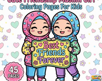 イスラム教徒の女の子の塗り絵｜ヒジャブをテーマにした友達（デジタルダウンロード A4/USレター）