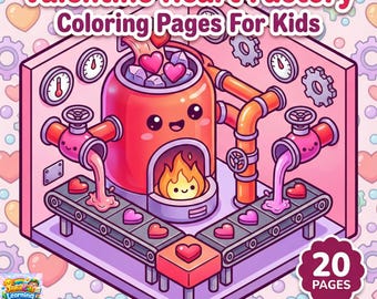 バレンタインハートファクトリーの子供向けぬり絵 | アイソメトリックスタイル | デジタルダウンロード (8.5インチ×8.5インチ)