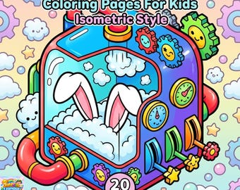 イースターの子供向けぬり絵20枚 | うさぎの耳 | アイソメトリックスタイル | 8.5インチ×8.5インチ