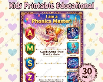 バレンタインのフォニックスワークシート30枚、キューピッドの音のマッチング、幼児向けアルファベットアクティビティ、教育用印刷物