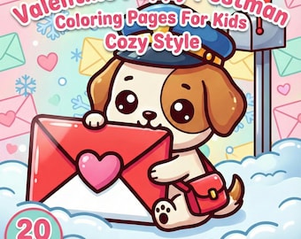 バレンタインの子犬の郵便配達員のぬり絵（子供向け）｜コージースタイル｜デジタルダウンロード（8.5インチ×8.5インチ）