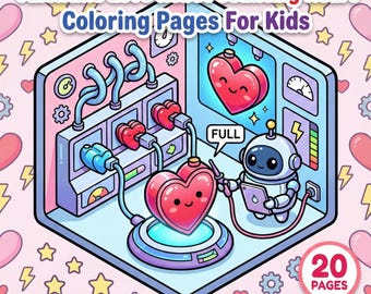 バレンタインラブロボットがハートを数える子供向けぬり絵 | アイソメトリックスタイル | 印刷可能なPDF