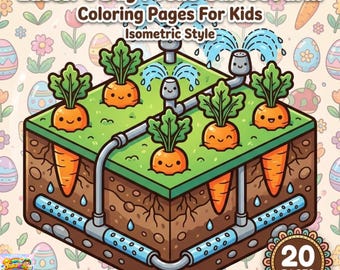 イースターの子供向けぬり絵20枚 | にんじん畑 | アイソメトリックスタイル | 8.5インチ×8.5インチ