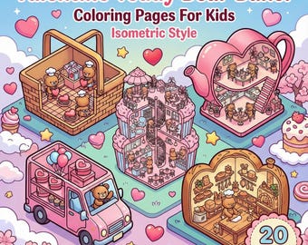 バレンタイン テディベア ベイカー ぬり絵（子供向け）｜アイソメトリックスタイル｜印刷可能なPDFダウンロード
