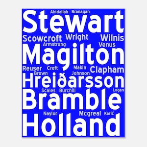 May include: A blue poster with white text featuring a list of names. The names are arranged in a visually appealing layout, with varying sizes and orientations. The names include Stewart, Magilton, Bramble, and Holland.