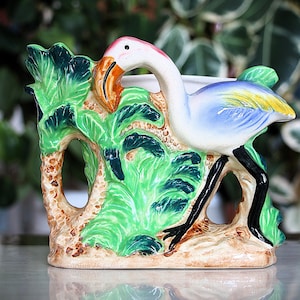 Shafford Flamingo and Palm Tree Planter / Vintage 1950s Shafford Flamingo & Palm Tree Planter - Hand Decorated Tropical Ceramic Tiki Decor