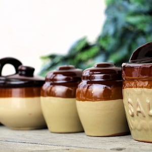 May include: A row of ceramic kitchen storage jars in tan and brown. One jar has a handle, and another has the word "SALT" embossed on the side. The lids are dark brown. The jars are for storing food items.