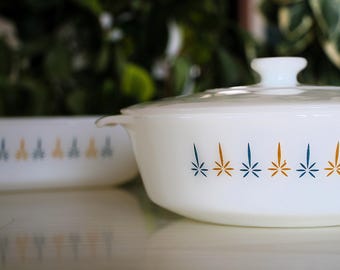 Lot Vintage Fire-King Candle Glow | 1.5 QT Casserole & Oven Dish | Milk Glass Mid-Century Modern | Anchor Hocking Starburst 1960s | 3 Rooms