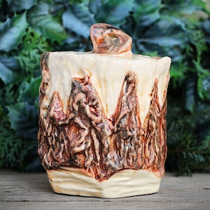 Peut inclure: Un pot en céramique avec un couvercle. Le pot est blanc cassé avec un motif texturé brun en forme de montagne sur les côtés. Le couvercle a une petite poignée abstraite. Le fond est vert flou.