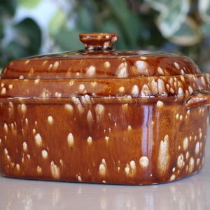 May include: Brown ceramic casserole dish with a lid. The dish has a rectangular shape with rounded corners and small handles on each side. The surface is glazed with a speckled pattern of white and brown.