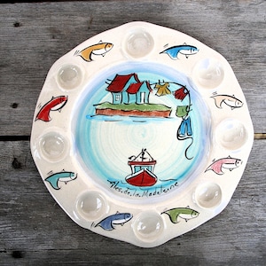 Assiette à Huîtres Îles de la Madeleine Oyster Plate | La Maison du Potier Quebec | Hand Painted Stoneware | Vintage Studio Pottery Canada