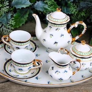 Mint 1:4 Scale Regal Porcelan Romania Miniature Tea Set - 9pc - Real Gold Blue Thistle - Tray 23cm - Large Cabinet Display - Or fin - 1980s