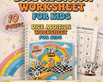 Addition Worksheet Printable – Kindergarten Math Dice Activity, Preschool Math Game, Homeschool Math Center PDF A4 Letter CMYK