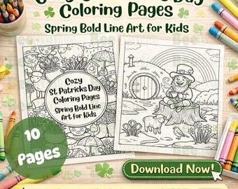 St Patrick's Day Coloring Pages | Spring Leprechaun, Bold Line Art (PDF Download A4/Letter Size