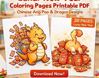 Lunar New Year Coloring Pages Printable PDF | 20 Chinese Ang Pao & Dragon Designs | A4 Letter Size Instant Download CMYK