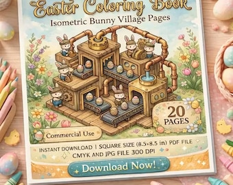 Easter Coloring Book Printable, Isometric Bunny Village Pages, 20 Page Square PDF CMYK, JPG 300 dpi, Commercial Use Kids Activity