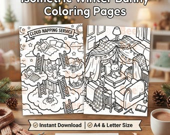 Winter Bunny Coloring Pages | Isometric 3D Scenes (PDF Download)