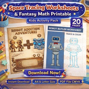 Könnte beinhalten: Ein Kinder-Aktivitätspaket mit Weltraum-Tracing-Arbeitsblättern und Fantasy-Mathe-Vorlagen. Das Paket enthält 20 Seiten mit Arbeitsblättern zum Thema Roboter, darunter "Robot Addition Adventure!". Sofortiger Download im A4- und Letter-Format.