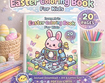 Easter Coloring Pages Printable PDF – 20 Isometric Spring Designs for Kids & Adults, Classroom Activity, A4 US Letter CMYK