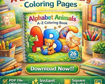 26 Alphabet Animals A–Z Coloring Book | Cute Animal Vocabulary Coloring Pages | Printable PDF JPG Commercial Use