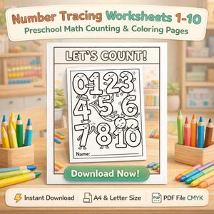 以下が含まれることがあります： 「Number Tracing Worksheets 1-10」と「Preschool Math Counting & Coloring Pages」のテキストが入った白いワークシート。ワークシートには、顔のある数字0〜10と「LET'S COUNT!」と「Download Now!」の文字が描かれています。木製のホルダーに入った色鉛筆。