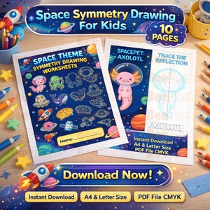 Peut inclure: Feuilles de travail de dessin de symétrie sur le thème de l'espace pour enfants. Comprend 10 pages avec des créatures spatiales et des dessins d'axolotl. Avec le texte "Space Symmetry Drawing For Kids" et "Download Now!"