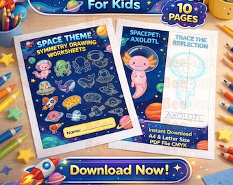 Space Symmetry Drawing Worksheet, Kids Sci-Fi Art Lesson (PDF A4 & US Letter Size)