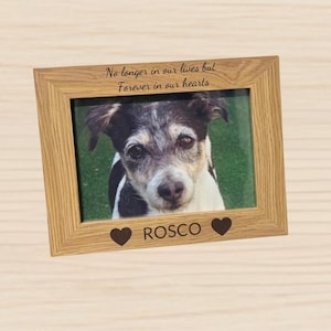 May include: A light oak picture frame holding a photograph of a dog. The frame is inscribed with the words "No longer in our lives but Forever in our hearts" and the name "ROSCO" with heart symbols.