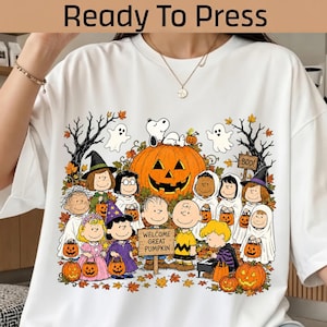 Fantastica stampa DTF di Halloween con zucche, Snoopy e i Peanuts in dolce attesa, grafica autunnale vintage, pronta per la stampa.