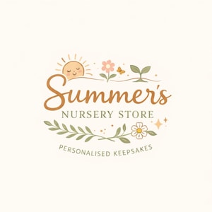 May include: A logo for Summer's Nursery Store, featuring a smiling sun, flowers, and the text "Summer's Nursery Store" in a whimsical font. The words "Personalised Keepsakes" are below the main text, with a floral and leaf design.
