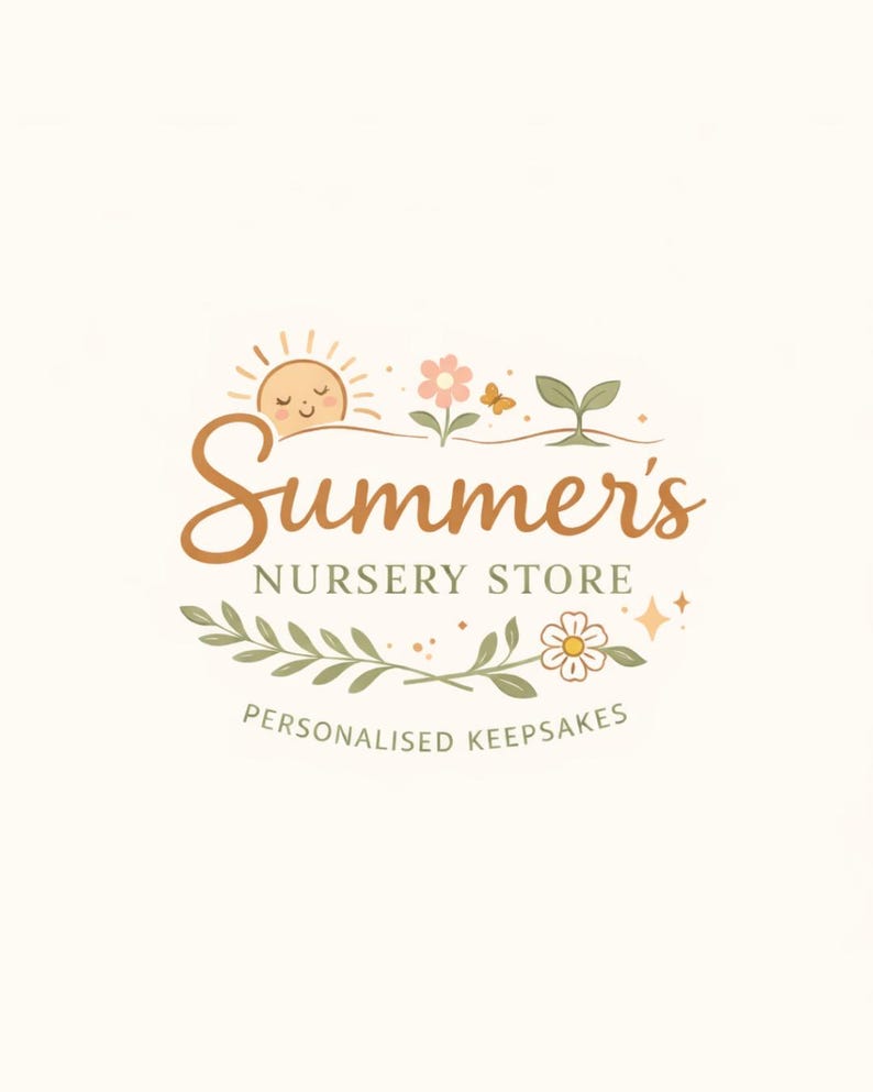 May include: A logo for Summer's Nursery Store, featuring a smiling sun, flowers, and the text "Summer's Nursery Store" in a whimsical font. The words "Personalised Keepsakes" are below the main text, with a floral and leaf design.
