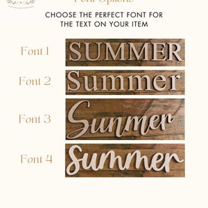 May include: Image showcasing font options for text on items. Four different fonts are displayed, each spelling "SUMMER" on a wooden plank. The text "Font Options" and "CHOOSE THE PERFECT FONT FOR THE TEXT ON YOUR ITEM" are also visible.